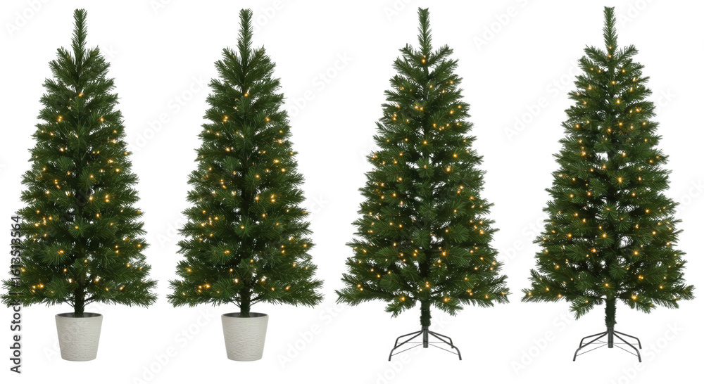 Fototapeta premium Four christmas trees with lights isolated on transparent background