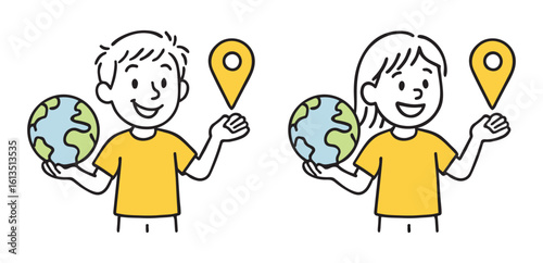 Happy Boy And Girl Holding Globe and Location Pin. Earth, Geography Learning, Map Marker