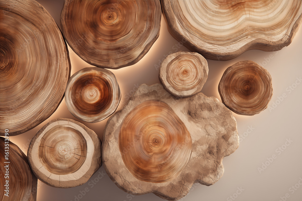 Obraz premium Multiple Tree Ring Cross Sections Arranged in a Pattern 