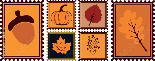 Autumn Postcard stamp Template Background Vector Illustration with Leaf, Oak, and Pumpkin Elements.
