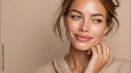 Studio portrait of a beautiful young woman gently touching her face, showcasing flawless skin and natural makeup video 4k