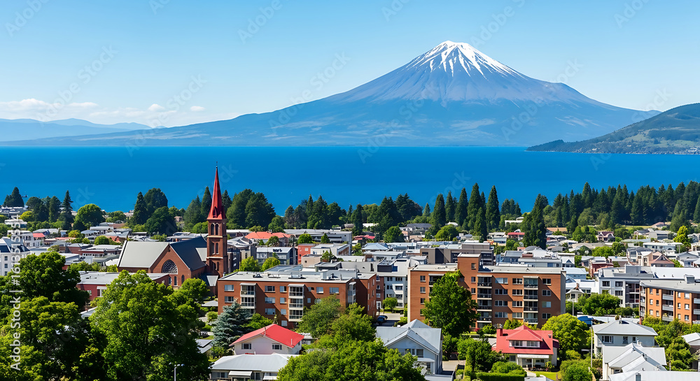 Fototapeta premium Scenic cityscape view of mountains, lake, and church on a bright sunny day