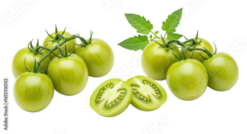 Cluster of unripe tomatoes with leaves isolated on transparent background