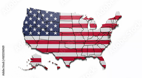 A striking 3D rendering of the United States of America map, textured with the vibrant American flag, set against a clean white background