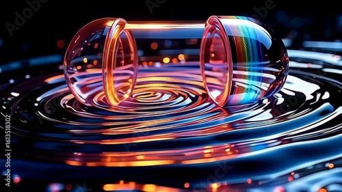 Suspended in a dreamlike state, a kaleidoscope of liquid shades converges in a liquid mirror capsule reflecting phantom pulses, each wave morphing seamlessly into one another, creating