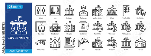 government icon set collection in outline style. an icon pack contain toilet, atm, embassy, policeman, police station, school, post office, university, public library, court