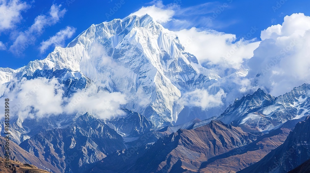 Obraz premium Cloudy, landscape, range, snow, scenery, mountain, blue sky and white clouds: Peaks Kissing Blue Skies & White Clouds, Where Snow-Clad Summits Paint Breathtaking Scenery Across Vast Mountain Ranges.