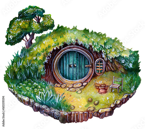 A beautiful, charming little house with a round door on a hill. A fairy house. A watercolor painting isolated on a white background.