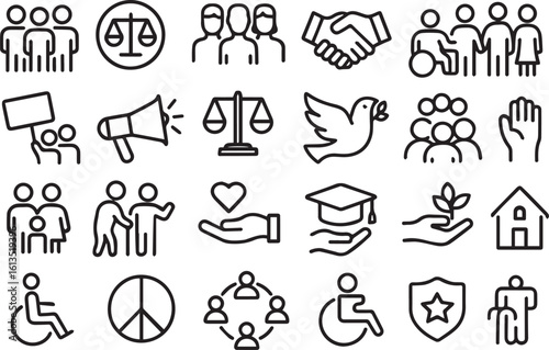 Society Line Icons Set Minimal Editable Outline Community, Equality, Rights, and Social Justice Symbols for Infographics and Web