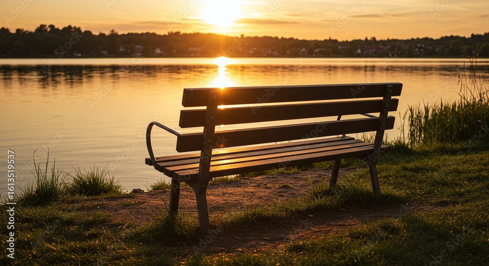 Serene Lakeside Retreat Bench at Sunset, Reflective Waters, Peaceful Ambiance - Perfect for Nature Lovers and Tranquil Moments Serene Lakeside Retreat Bench at Sunset, Reflective Waters, Peaceful Ambiance - Perfect for Nature Lovers and Tranquil Moments