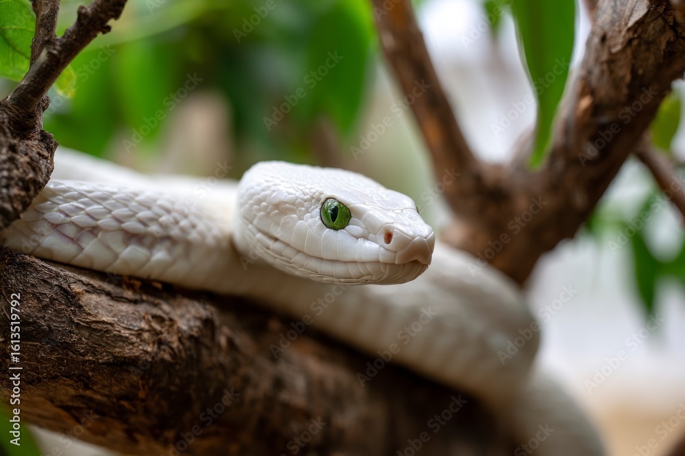 Naklejka premium A white snake rests on a tree branch its green eye in focus