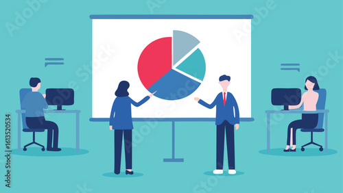 People presenting a pie chart on a screen while others work at their desks in a blue office space area