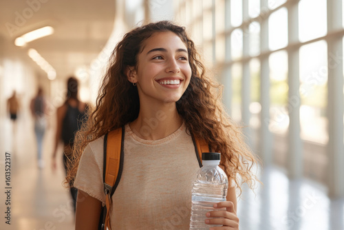 Young latin student smiling and walking in university corridor carrying backpack and water bottle