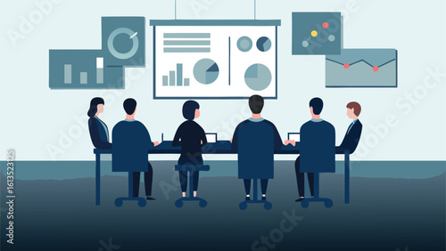 Group of people sitting around a table in a meeting room with charts and graphs on a screen showing data