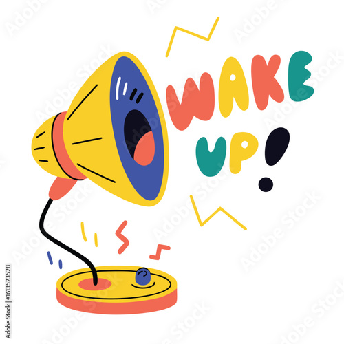 Yellow megaphone shouting wake up with colorful abstract shapes vector