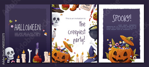 Vector Halloween triptych template with spooky cauldron, candle-lit pumpkin, and candy-filled jack-o'-lantern. Dark purple background with creepy decorative text and characters