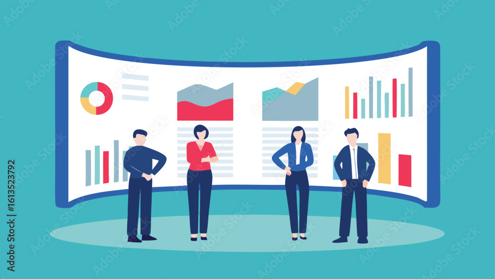 Group of business people standing in front of a large screen displaying various charts and graphs data Group of business people standing in front of a large screen displaying various charts and graphs data