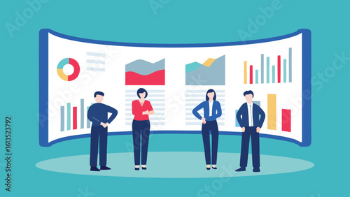 Group of business people standing in front of a large screen displaying various charts and graphs data
