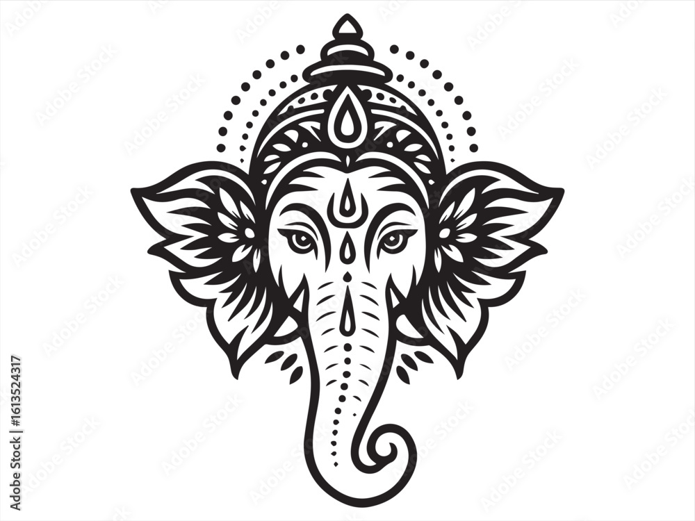 Obraz premium Ornamental Elephant Silhouette with Floral Mandala Headpiece – Tribal Henna Style Vector