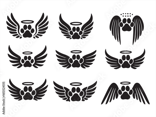 Pet Angel Wings with Halo and Paw Print – Memorial Vector Icon Set for Pets