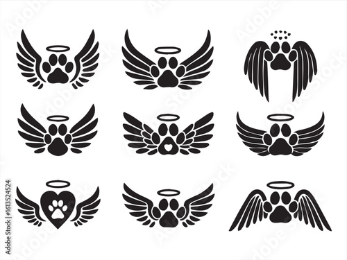 Pet Angel Wings with Halo and Paw Print – Memorial Vector Icon Set for Pets
