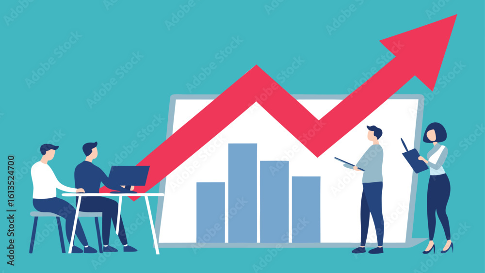 Fototapeta premium Business team analyzing growth chart with upward arrow and bar graph on screen in a meeting setting scene