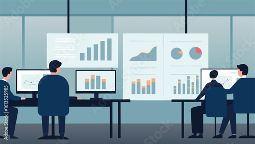 Business analysts reviewing data charts on monitors in a modern office environment for strategic planning
