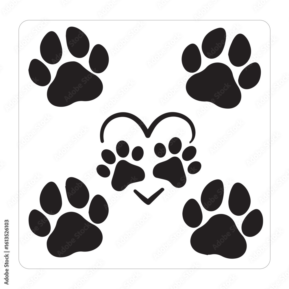 Fototapeta premium Cat and dog paw heart silhouette vector illustration