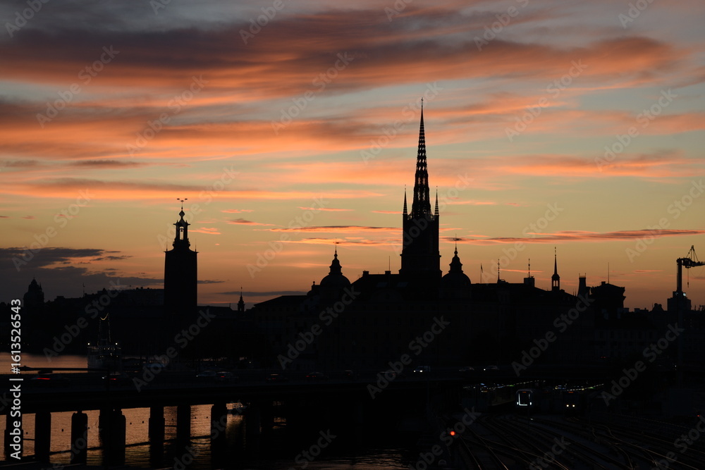 Naklejka premium Stockholm skyline with Riddarholmen and City Hall at sunset