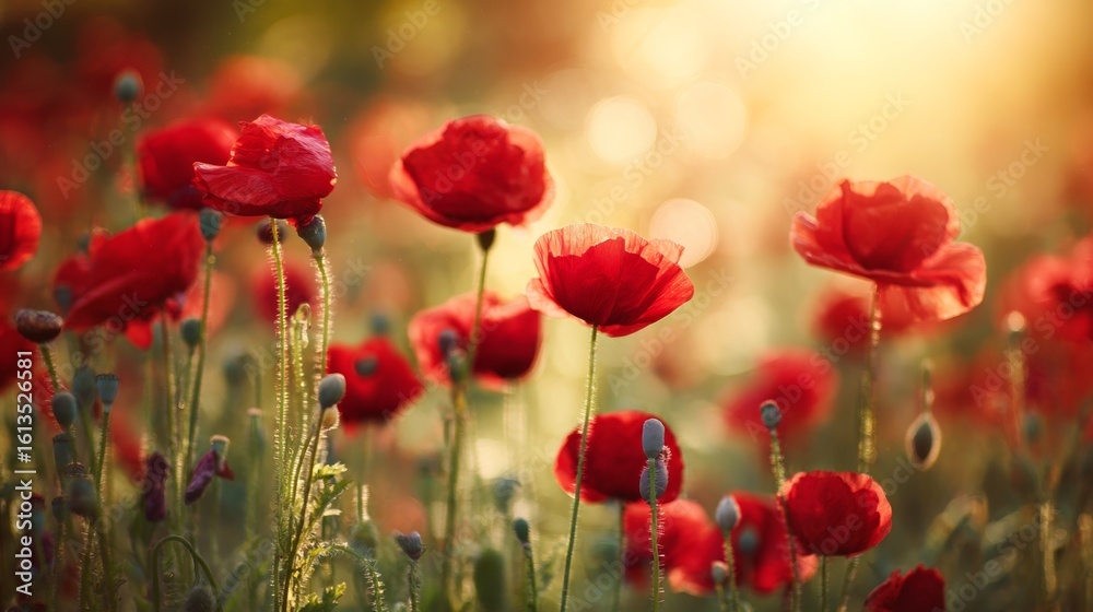 Fototapeta premium Vibrant red poppies glowing under the golden light of a sunset.