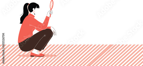 Person squatting with magnifying glass – searching gesture, front view character pose, cad drawing flat vector illustration