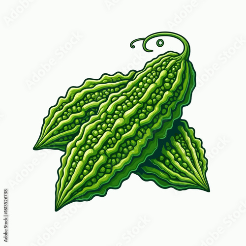 Two vibrant green bitter gourds with their characteristic bumpy texture, depicted on a plain white background.