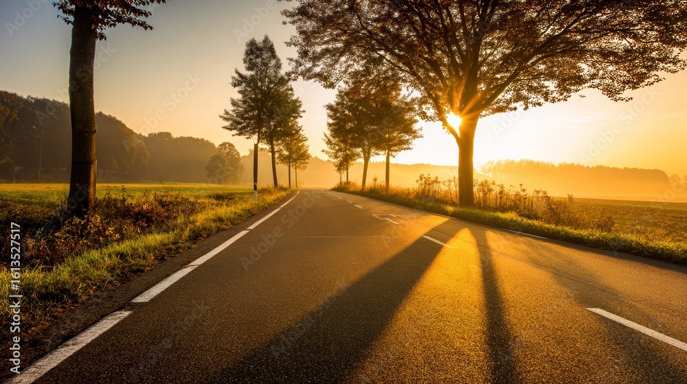 Sunset over a quiet country road with warm golden tones and long tree shadows. Sunset over a quiet country road with warm golden tones and long tree shadows.