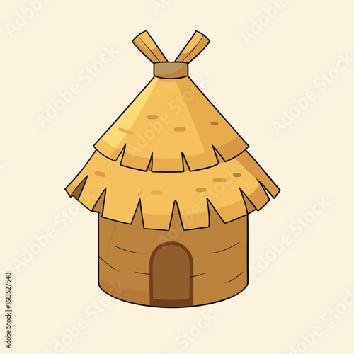 Round thatched hut with layered roof and arched doorway straw brown