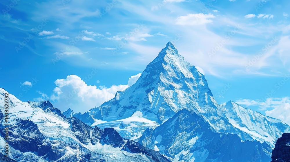 Obraz premium Cloudy, landscape, range, snow, scenery, mountain, blue sky and white clouds: Peaks Kissing Blue Skies & White Clouds, Where Snow-Clad Summits Paint Breathtaking Scenery Across Vast Mountain Ranges.