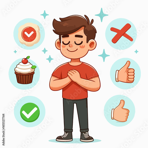 Cartoon illustration of a boy with closed eyes, seemingly contemplating healthy food choices, surrounded by symbols of approval and disapproval.
