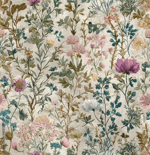 vintage botanical embroidery seamless pattern on linen background
