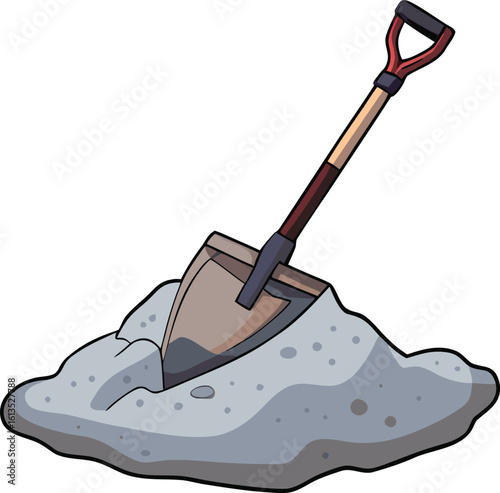 Shovel digging into grey dirt pile vector