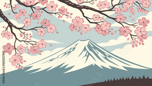 Cherry blossom season in japan landscape with mount fuji vector illustration scenic beauty travel art 100