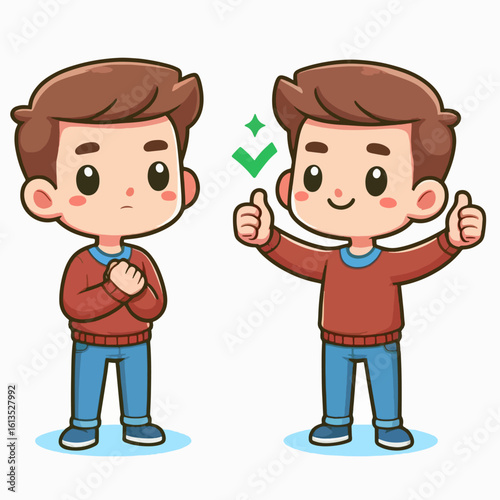 Cartoon illustration depicting a boy showing hesitation and another boy expressing confidence with thumbs up and a checkmark.