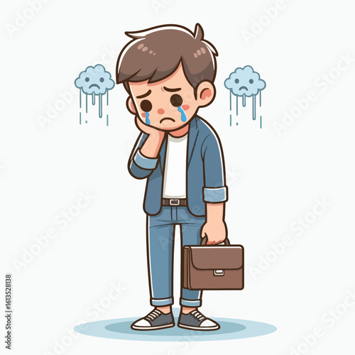 Cartoon illustration of a dejected young man in business attire, holding a briefcase, with sad expressions and rain clouds overhead.