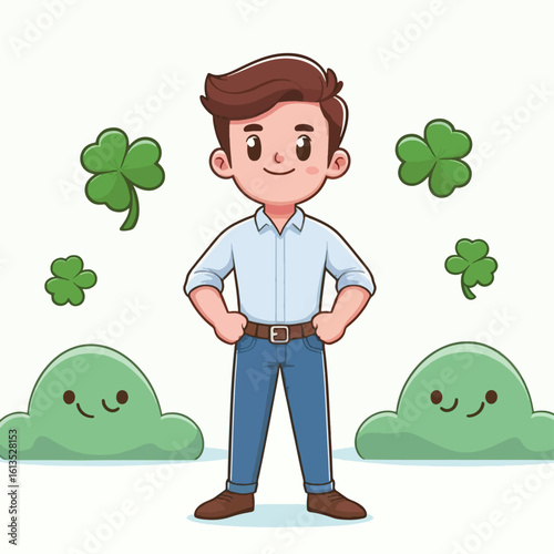 Cartoon depiction of a young male figure, dressed in light clothing,  positioned against a simple background with shamrocks and small cartoonish clouds.