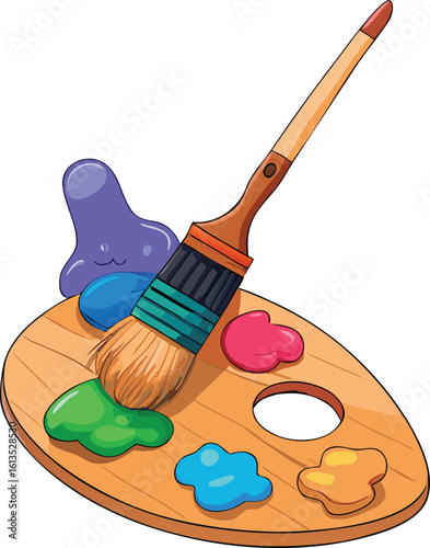 Wooden palette with colorful paints and brush artist