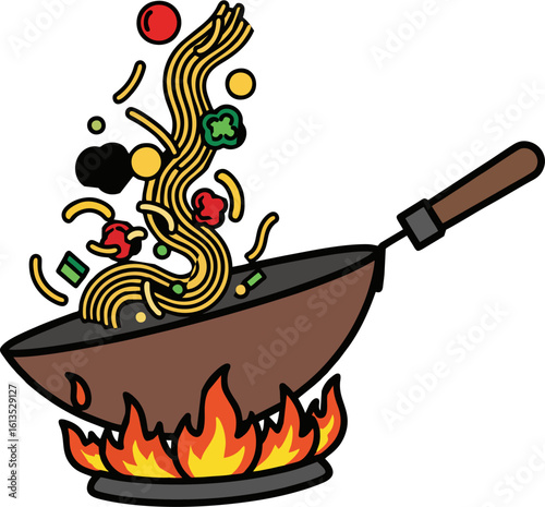 Dynamic Wok Stir Fry with Noodles, Seafood, and Fresh Vegetables