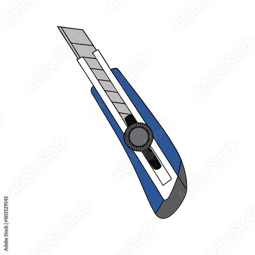 Blue utility knife with silver blade and grey knob cutter