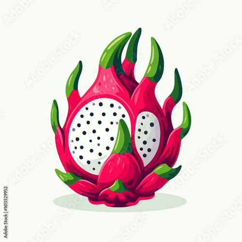 Vibrant and detailed illustration of a dragon fruit, cut open to show its white flesh and black seeds, with pink skin and green scales.