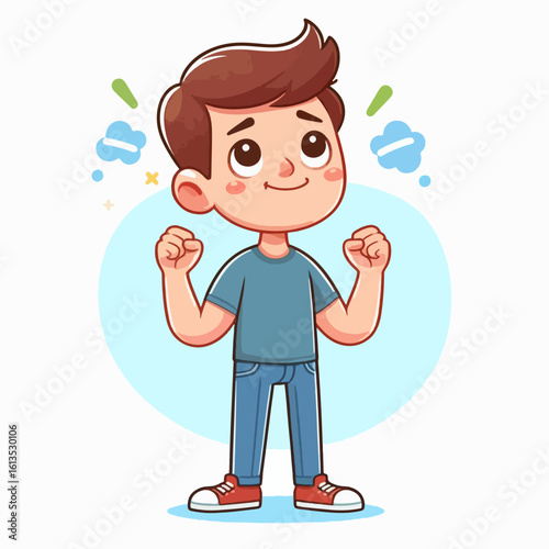 Digital illustration of a cartoon boy, full body,  with a positive and joyful expression, confidently standing.