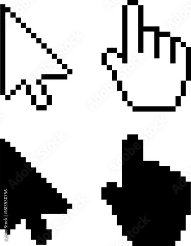 Mouse cursor and hand pointer icon set in pixel style, Vector illustration of retro digital click and pointer symbols isolated on white background, ideal for web design, UIUX elements