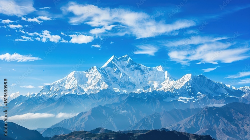 Obraz premium Cloudy, landscape, range, snow, scenery, mountain, blue sky and white clouds: Peaks Kissing Blue Skies & White Clouds, Where Snow-Clad Summits Paint Breathtaking Scenery Across Vast Mountain Ranges.