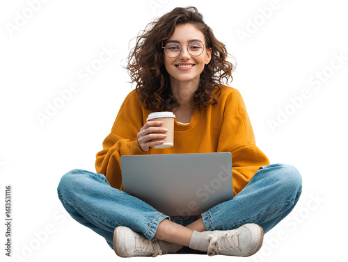 Smiling Student Sitting Cross-Legged with Laptop and Coffee Cup, Relaxed Study Moment, Isolated on Transparent Background (2)